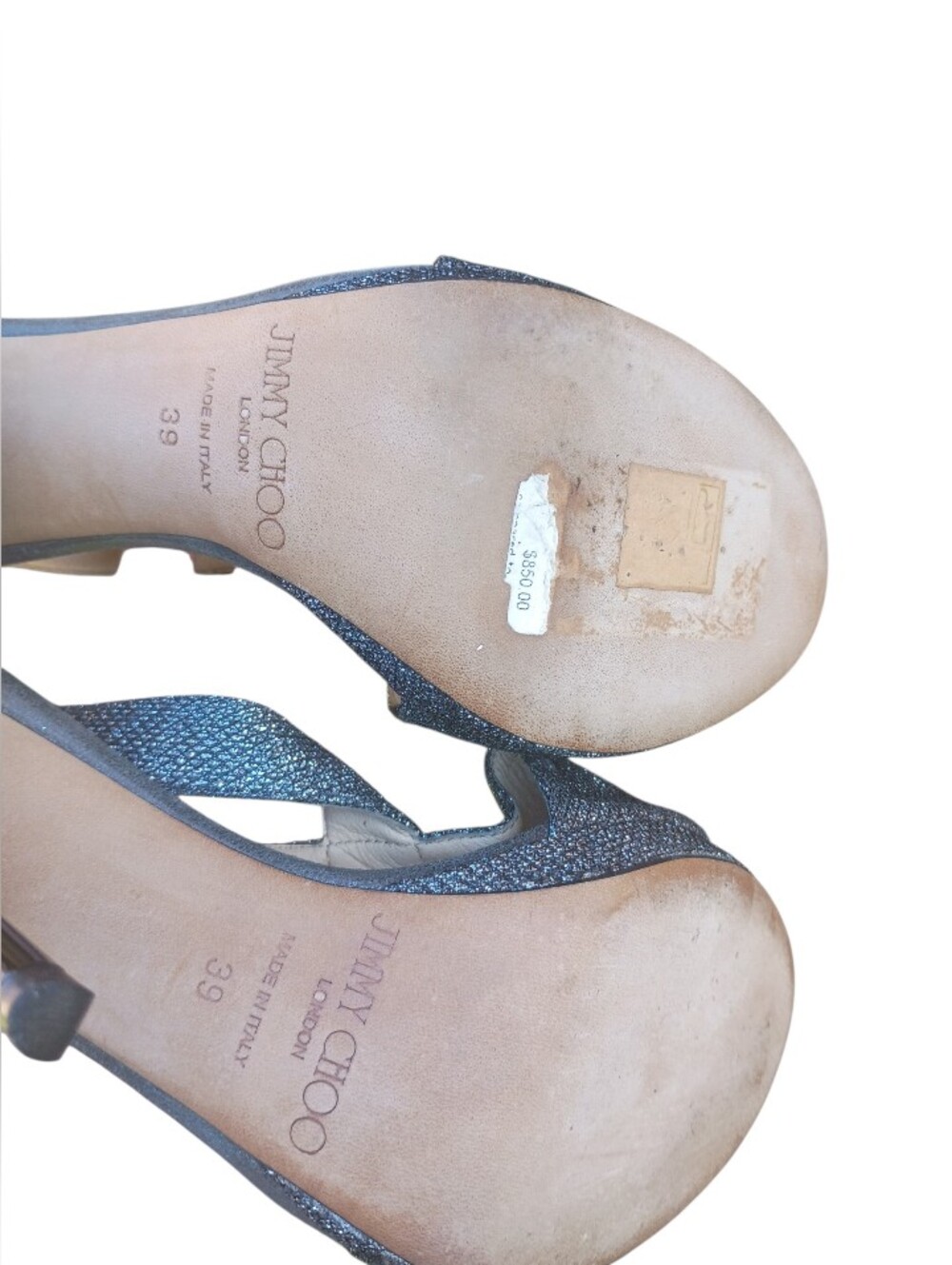 Authentic Jimmy Choo Leather Glitter Sandals With A 5 Inch Heel Size 39 - Picture 6 of 9